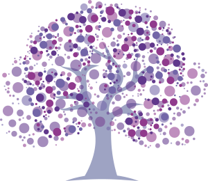 Stylized tree with a light purple trunk and branches, filled with various-sized purple and pink circular leaves.
