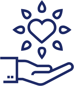 A line drawing of a hand holding a heart surrounded by leaf-like shapes, symbolizing care and love.