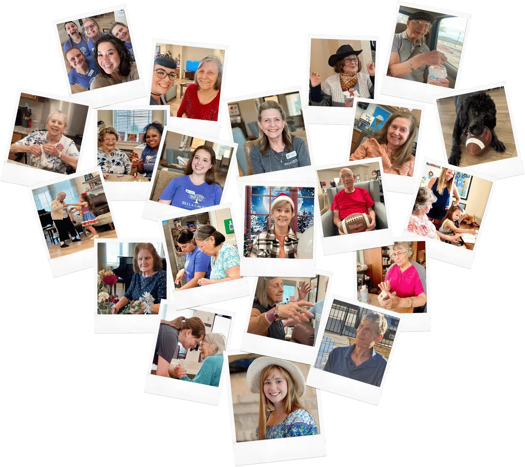 Collage of photos of diverse people at various indoor and outdoor settings, including women at a table, a woman playing piano, a young girl with a woman, a woman with a Santa hat, elderly people, and a black dog with a football.