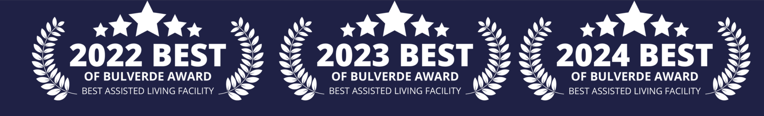 Award badges recognizing Bella Groves as the Best Assisted Living Facility in Bulverde for 2022, 2023, and 2024.