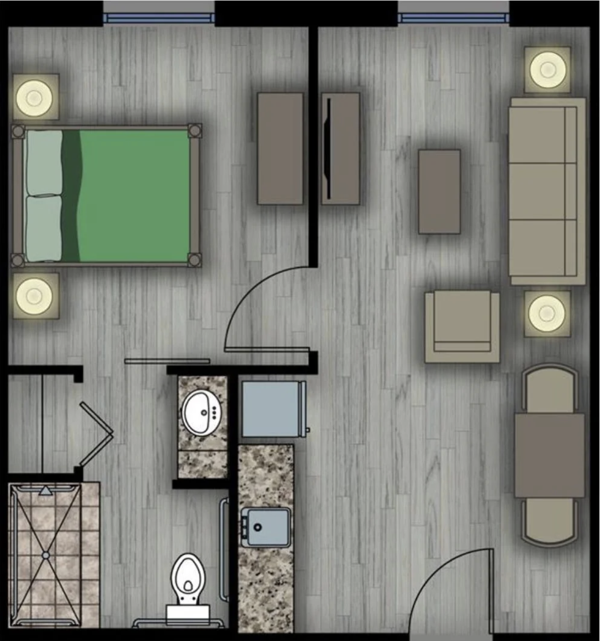 Floor plan of a private one-bedroom dementia care apartment at Bella Groves, featuring separate living and sleeping areas, an accessible bathroom, and a spacious residential memory care layout.