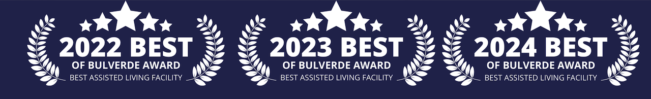 Award badges recognizing Bella Groves as the Best Assisted Living Facility in Bulverde for 2022, 2023, and 2024.