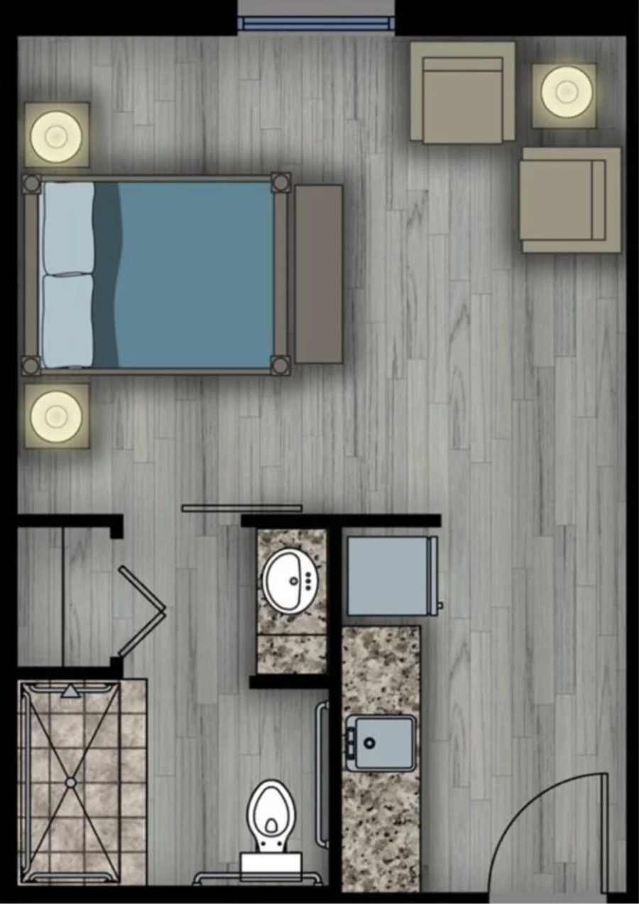 Floor plan of a private dementia care studio apartment at Bella Groves, featuring an accessible bathroom, spacious bedroom, and thoughtfully designed layout for comfort, safety, and residential memory care.