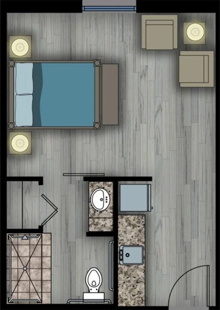 A top-down view of a bedroom with a bed, nightstands, a sitting area with two chairs and small tables, a bathroom with a shower, toilet, and sink, and a kitchen area with a stove and countertop.