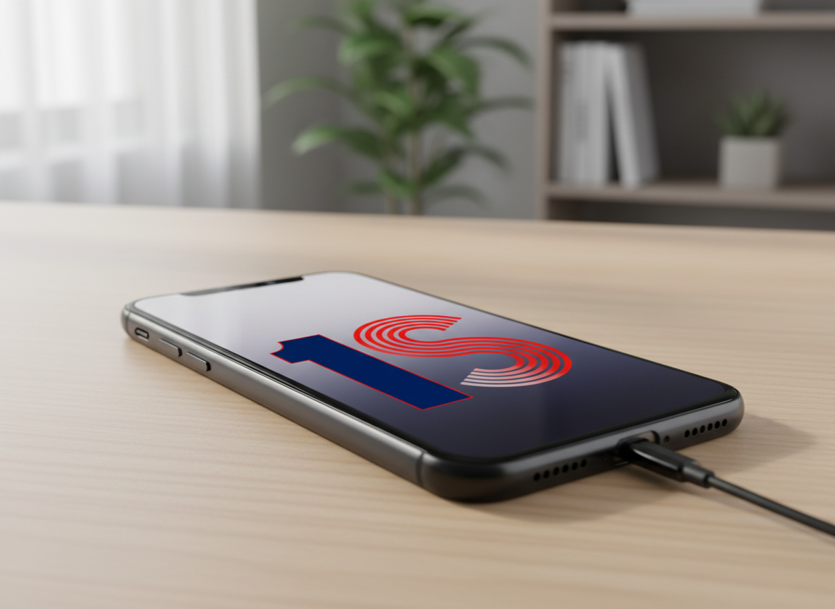 A smartphone on a wooden desk showing a red and blue number 15 on its screen with a charging cable plugged in.