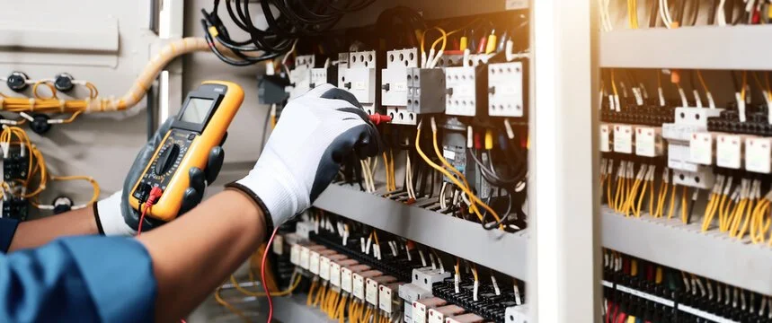An electrician wearing gloves uses a multimeter to test electrical wiring inside a control panel filled with wires and circuit components.