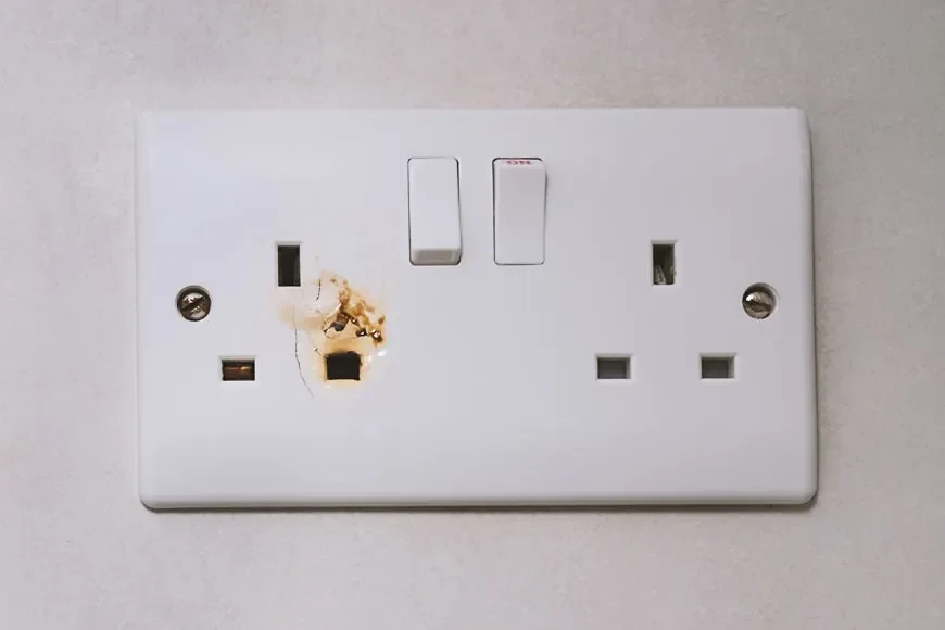 Damaged electrical outlet with scorch marks and exposed wires