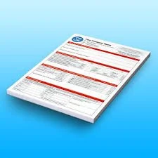 An influenza vaccination form or informational sheet with printed text and red accents, lying on a blue background.