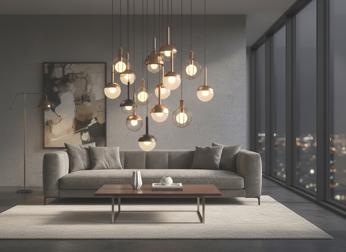 Modern living room with a gray sofa, gray pillows, and hanging pendant lights, large windows showing city lights at night, abstract wall art, and a coffee table with decorative items.