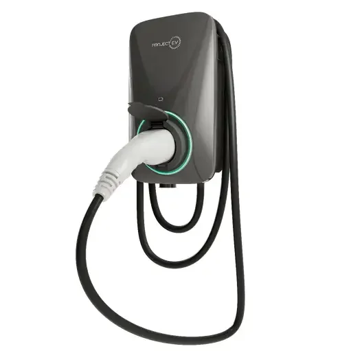 Electric vehicle charging station with a plug connected.