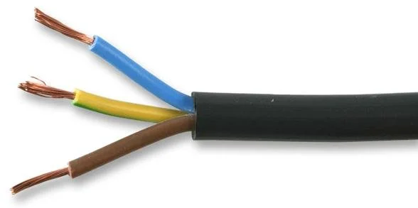 Close-up of three colored electrical wires with exposed copper conductors, with black insulation on the right side.