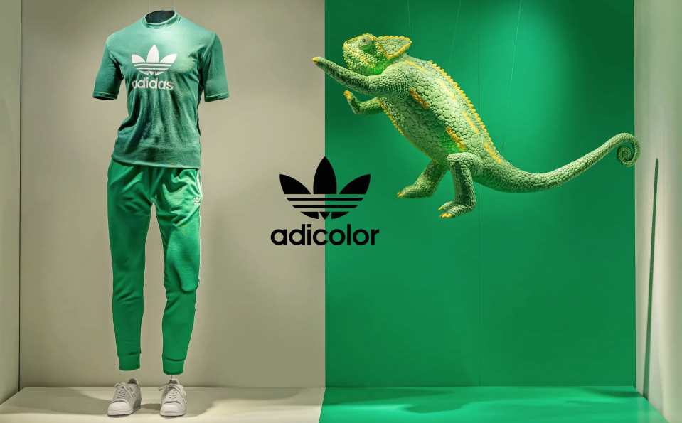 Display of green Adidas sportswear including a t-shirt and sweatpants, with a green chameleon model and the Adidas trefoil logo on a split green background. Chameleon prop made by Breena Farrelly part of a small team at Standard Transmission Prod.