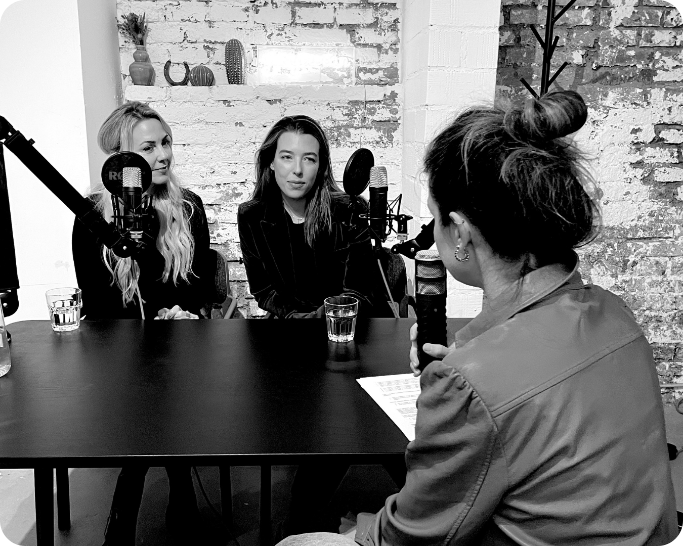 Drei Frauen sitzen an einem Tisch mit Mikrofonen in einem Tonstudio, eine Frau spricht in ein Mikrofon, während die anderen beiden zuhören, im Hintergrund eine weiße Wand mit Blumenvasen und einem Zebra-Muster.