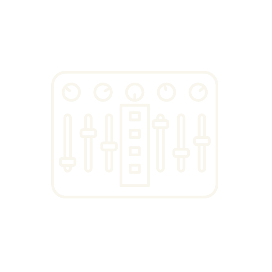 Linien- und Drehregler eines Audio-Mischpults auf schwarzem Hintergrund.
