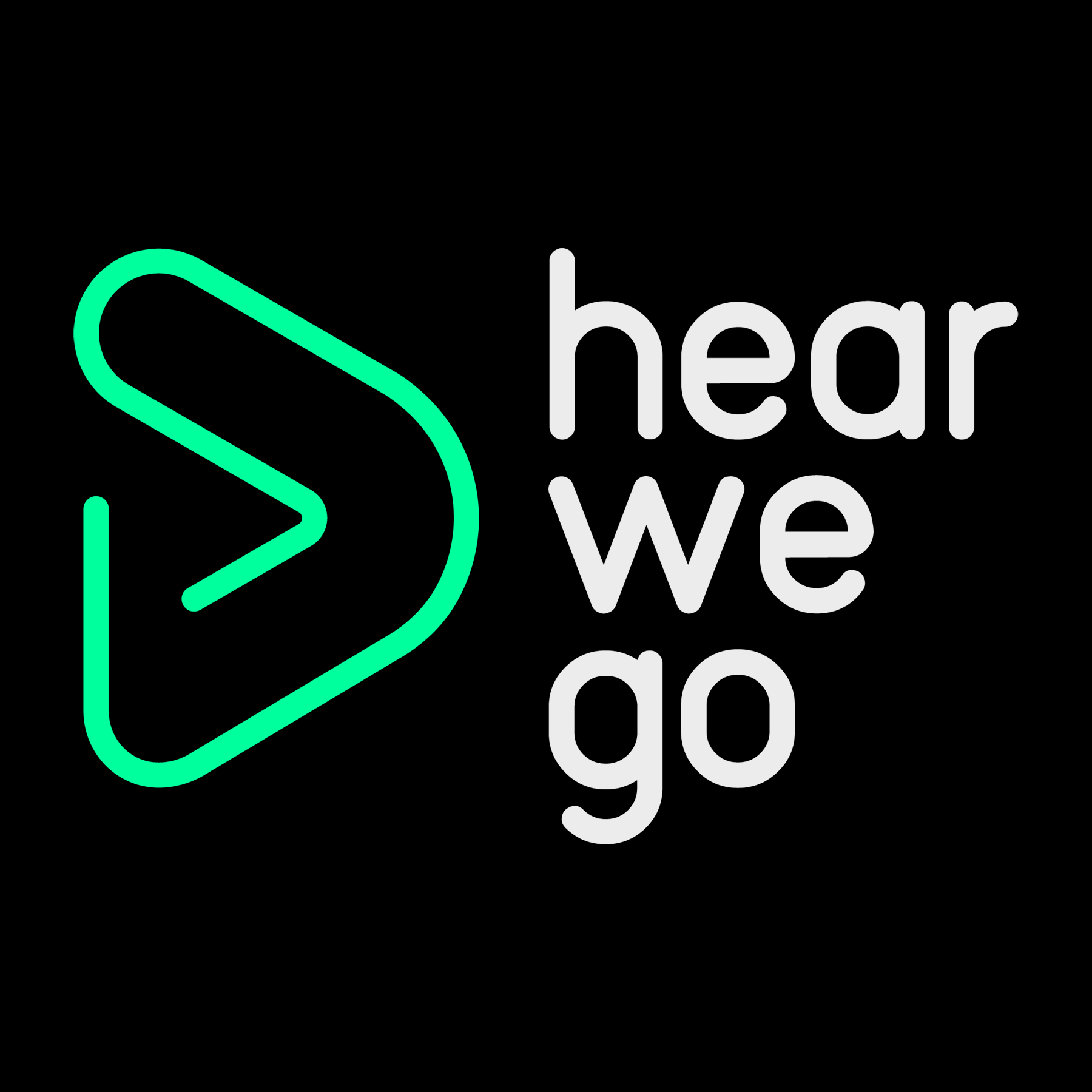 Neon-Logo mit einem Play-Symbol und dem Text 'hear we go' in weiß auf schwarzem Hintergrund.