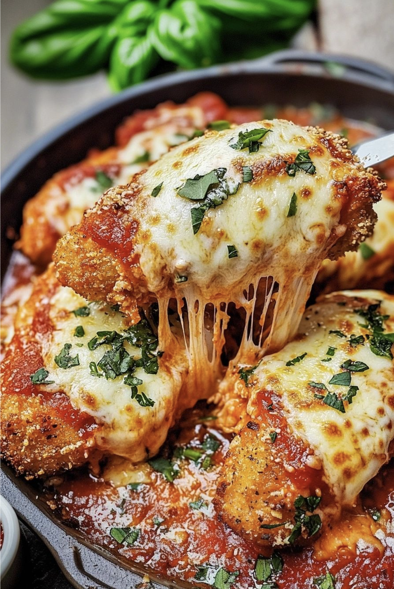Close-up of a cheesy baked dish with melted cheese, tomato sauce, and chopped herbs in a skillet. A fork lifts a piece of the dish, stretching melted cheese.
