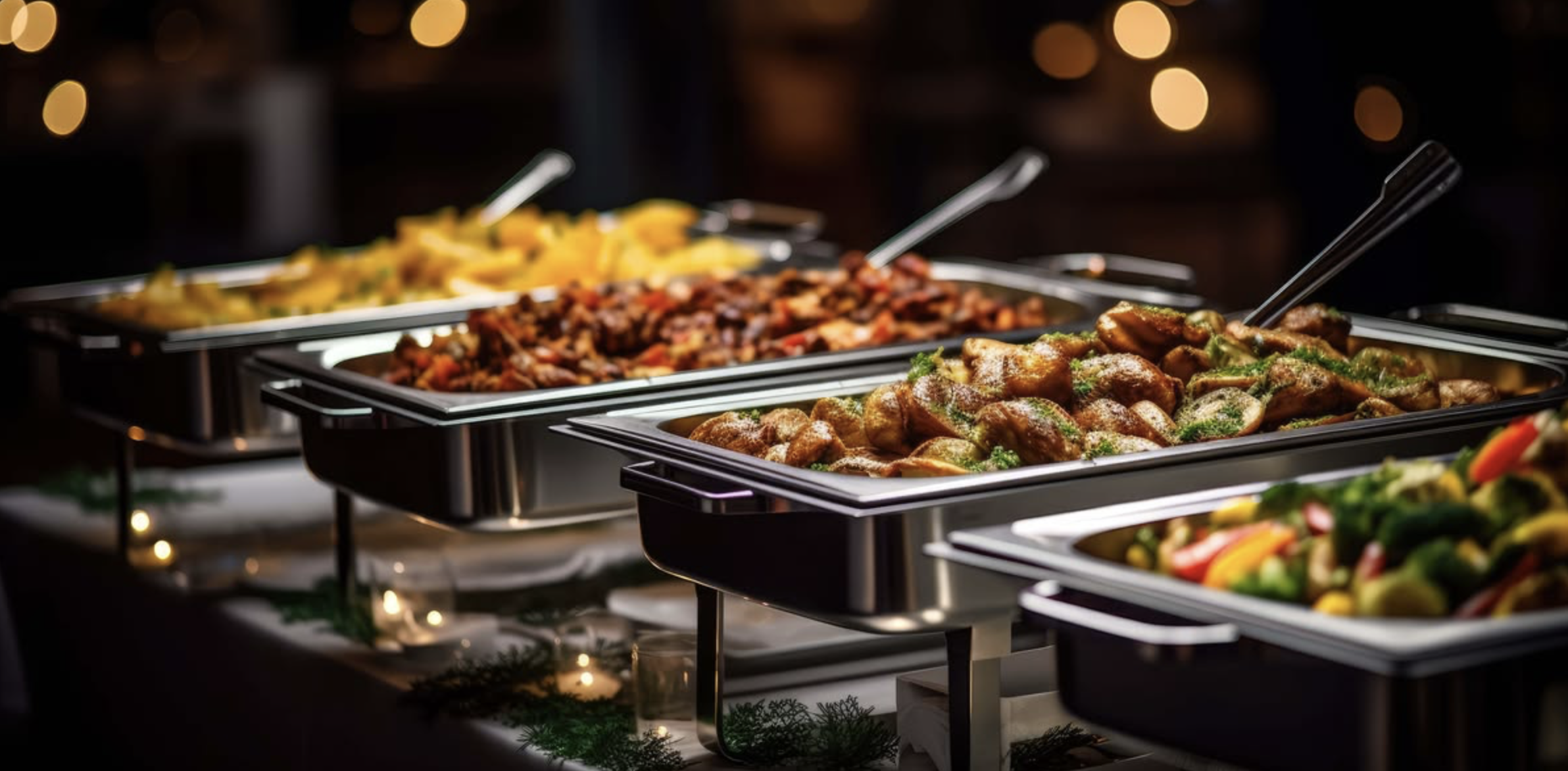 Buffet table with metal chafing dishes filled with cooked foods, including chicken and vegetables, with blurred warm lighting in the background.