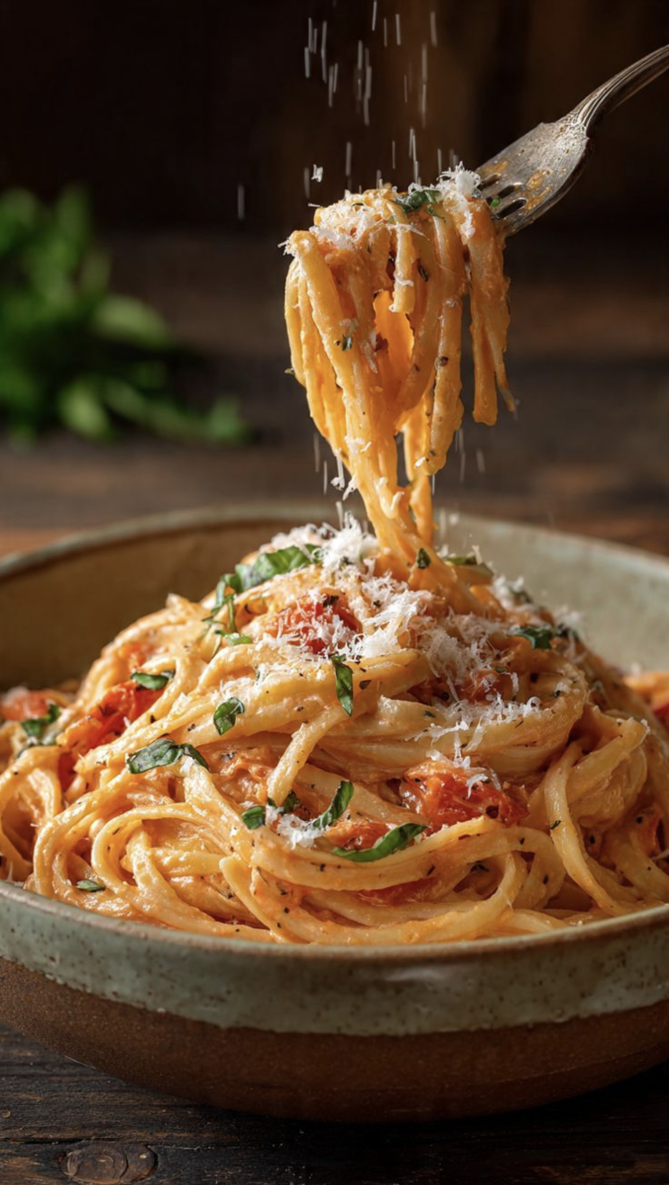 Close-up of a fork lifting spaghetti pasta coated in tomato sauce and garnished with grated cheese and chopped basil in a ceramic bowl.