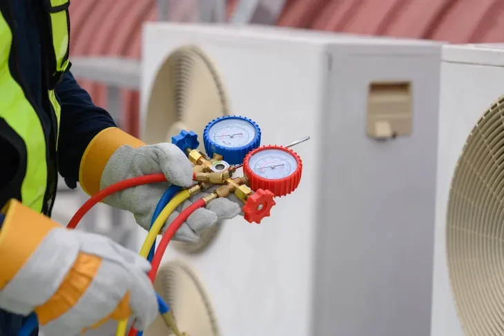 A technician wearing gloves and a safety jacket working with refrigeration gauges and hoses in front of industrial air conditioning units.