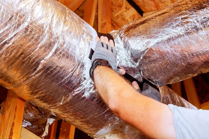 A person wearing gray work gloves inspects or works on large insulated air ducts with foil insulation in an unfinished building.