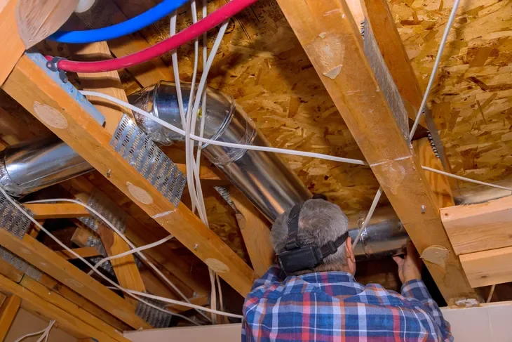 A person working on HVAC duct installation in an attic space with unfinished wood framing and electrical wiring.