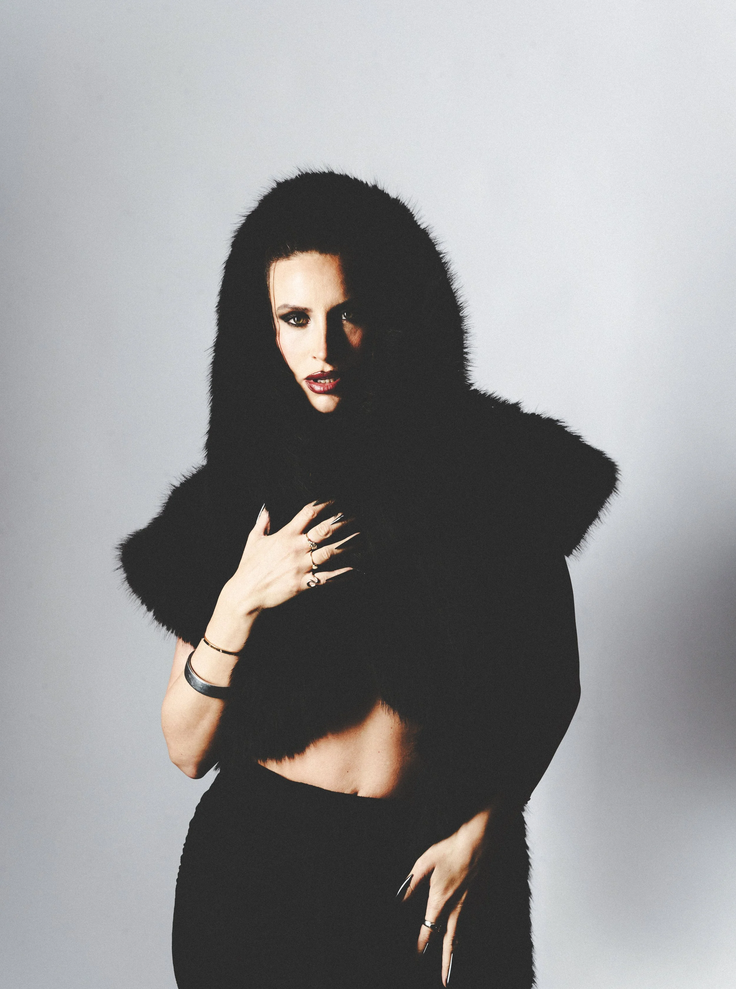  Image Above and Below, Ferne wears: Skirt: Dries Van Noten Top: Stylist’s own Bracelet: Rat Betty Shoes: Marc Jacobs Earrings: Frou York 