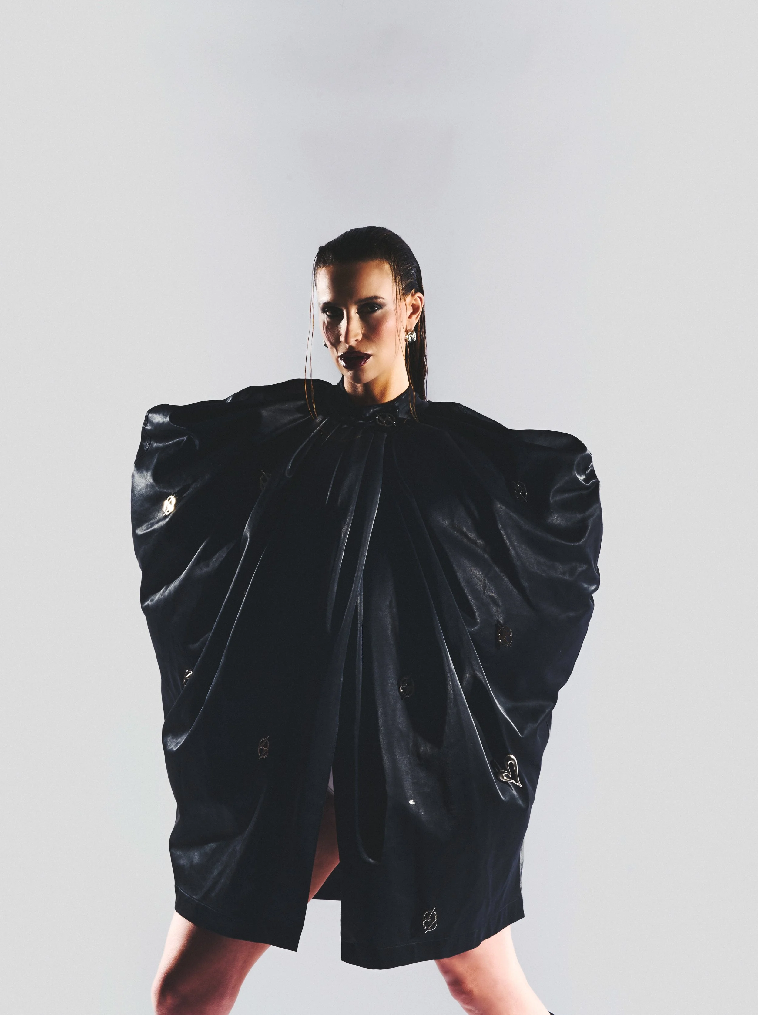  Image above, below &amp; Digital Cover, Ferne wears: Dress: Ray Chu, Shoes: Gianvito Rossi, Earrings: Balenciaga 