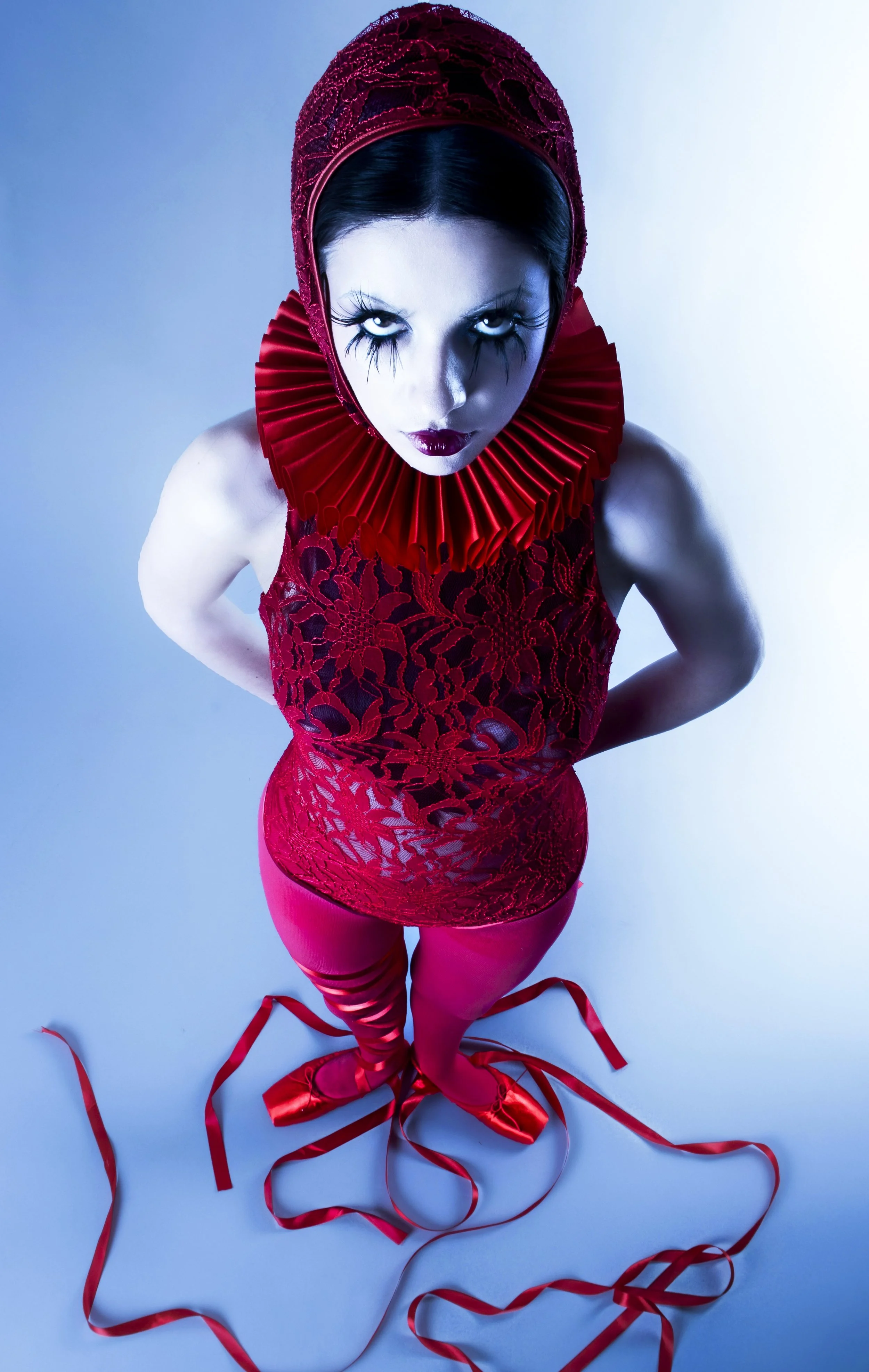   Image Above and Below, Charlotte Roberts Wears: Body Suit:    Eleni Pai     | Collar   , Tights, Ballet Shoes: Stylist Own  