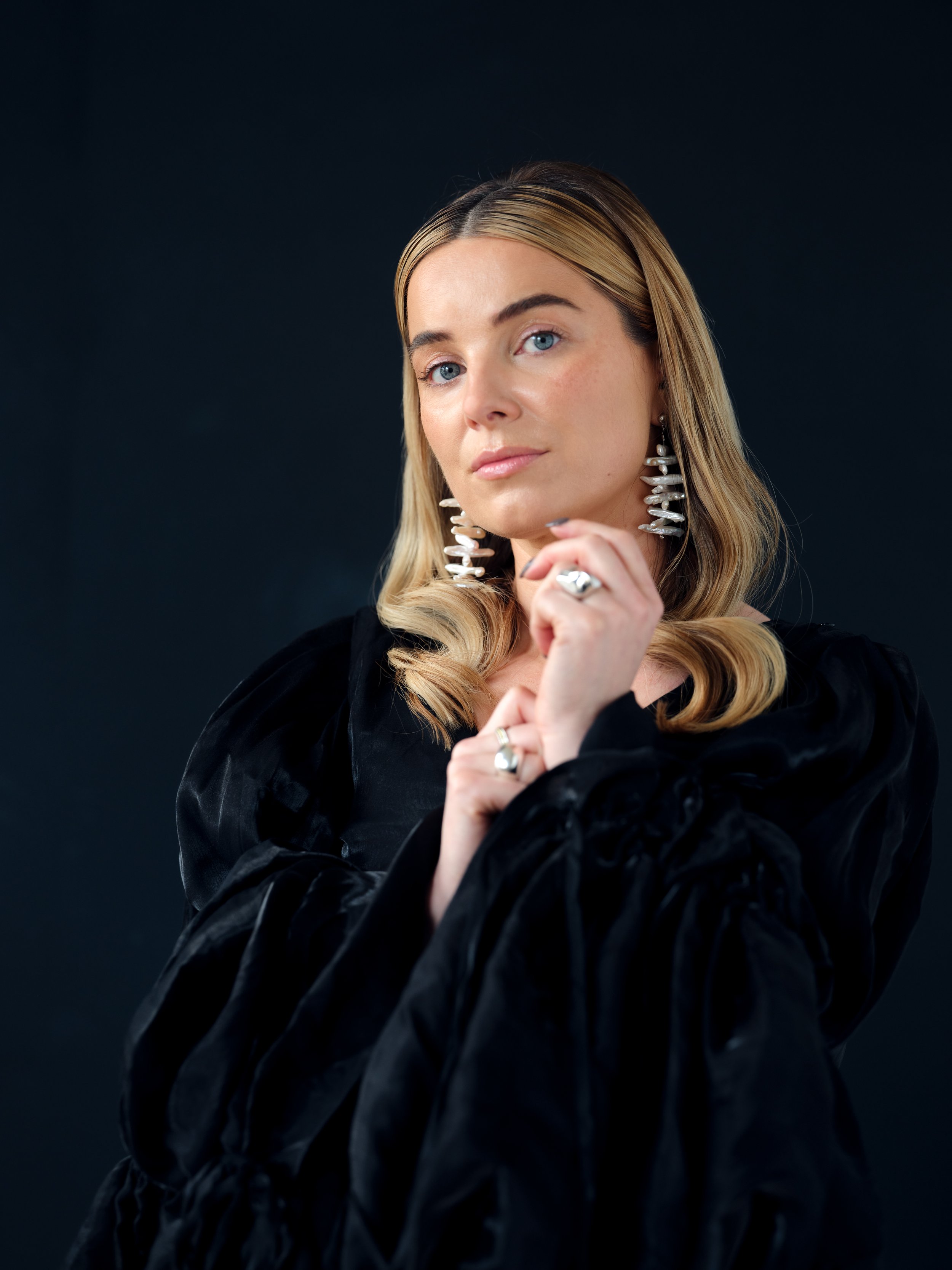   Image above and below, Siân Welby wears - Dress:    Bingrong Huang    | Earrings and Ring:    Louur    | Ring:    Phoebe Bonne    | Shoes: Stylist’s archive  