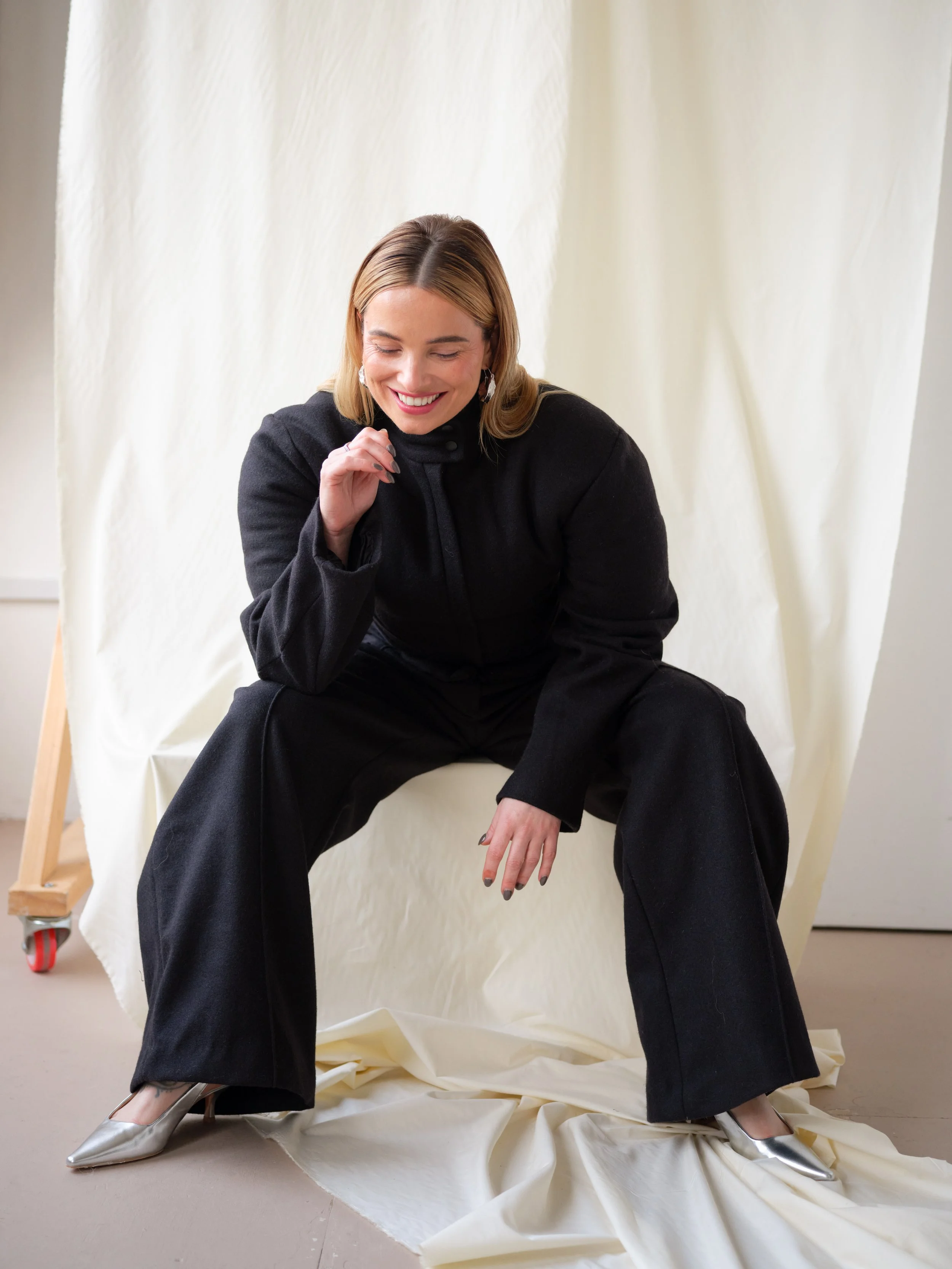   Image above and below, Siân Welby wears - Jacket &amp; Trousers:    Acidsiiia    | Earrings:    Broque London     | Shoes: Stylist’s archive  