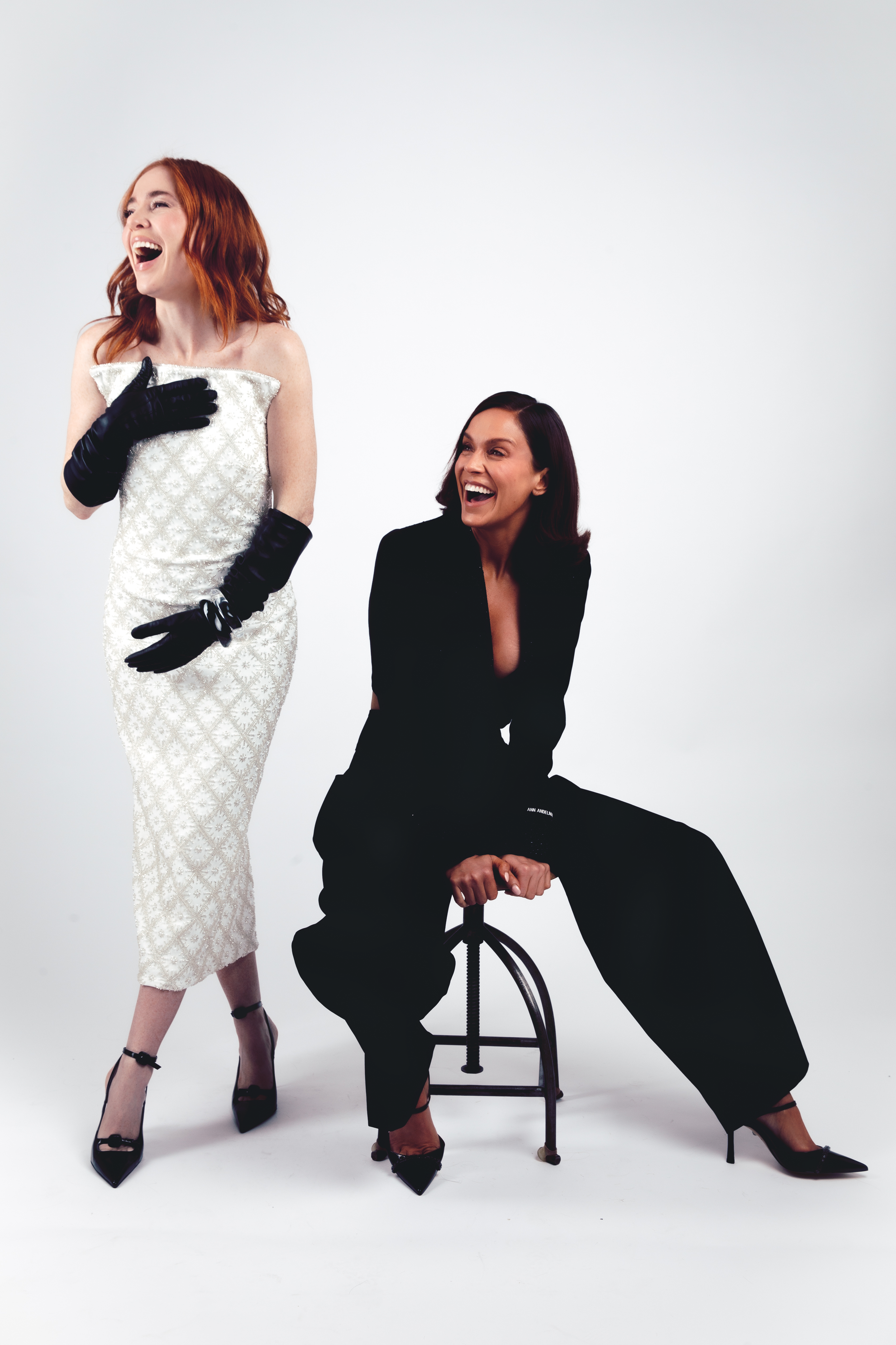   Angela Scanlon wears, Dress: Nadine Marabi, Shoes: Kurt Geiger, Gloves: Dents. Vicky Pattison wears, Jacket: Ann Andelman, Trousers: All Saints, Shoes: Kurt Geiger  