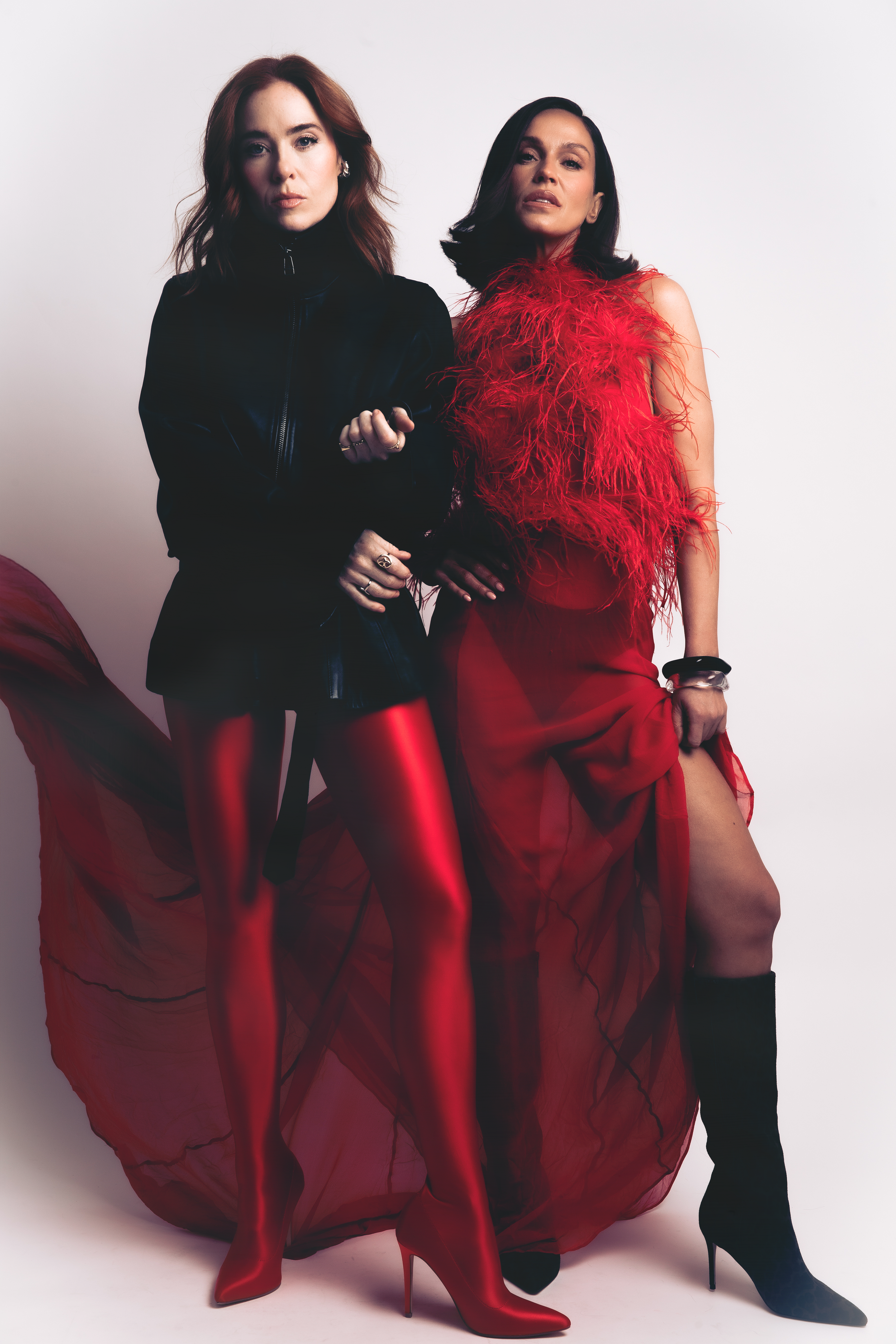   Angela Scanlon wears, Jacket: Kulakovsky, Bottoms: Stylist’s Own. Vicky Pattison wears, Dress: Asar London, Shoes: Kurt Geiger  