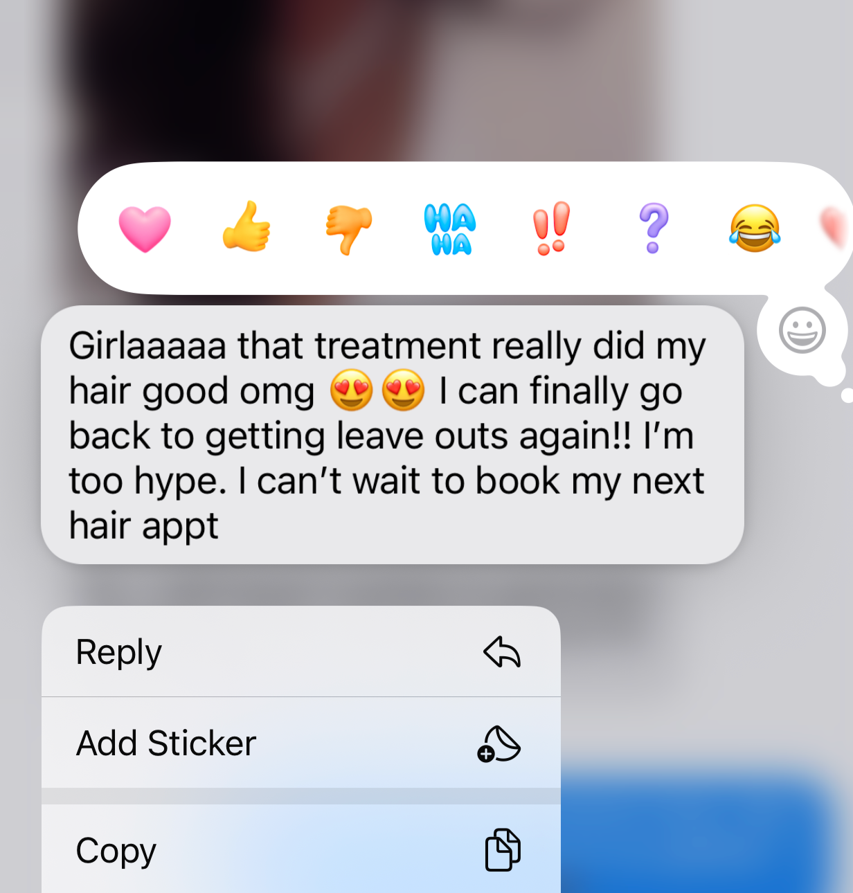5-star client review text message for Queen Me Collection Columbia SC sew-in hair extensions praising natural-looking results and healthy hair protective styling service