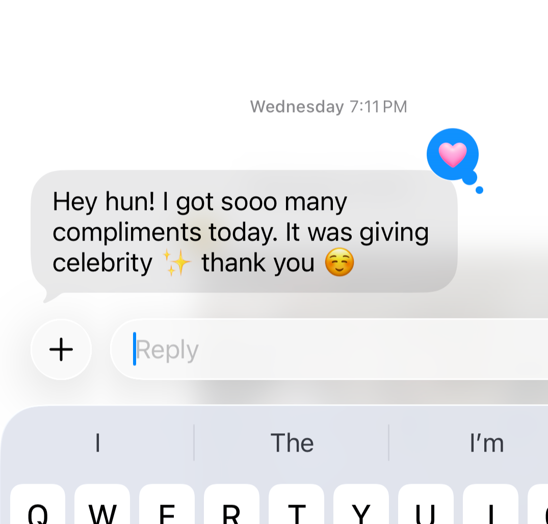 Screenshot of a text message conversation showing a message about receiving many compliments and thanking someone