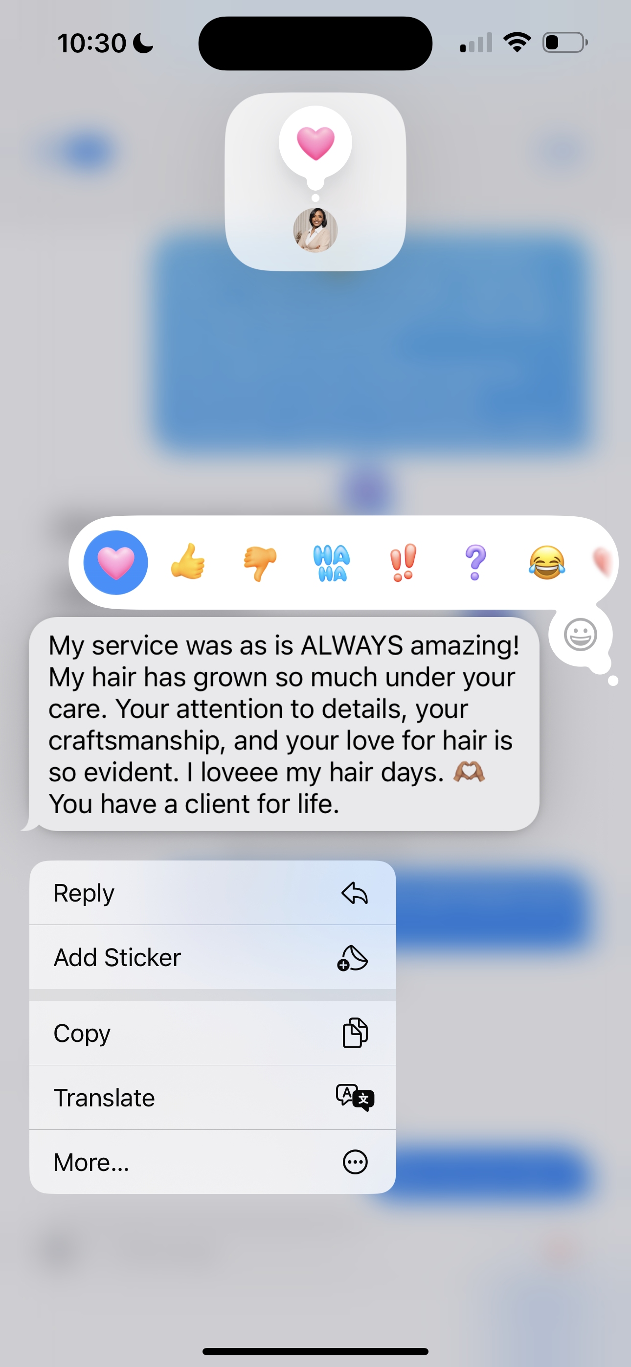 Client testimonial conversation for Queen Me Collection sew-in specialist Columbia SC showing positive hair extensions review and satisfied customer feedback