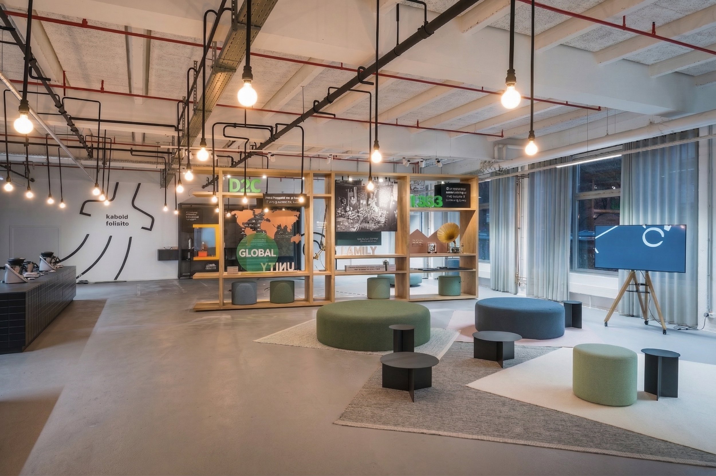 Modern open-concept office space with seating area, bookshelf, large window, and decorative wall art.