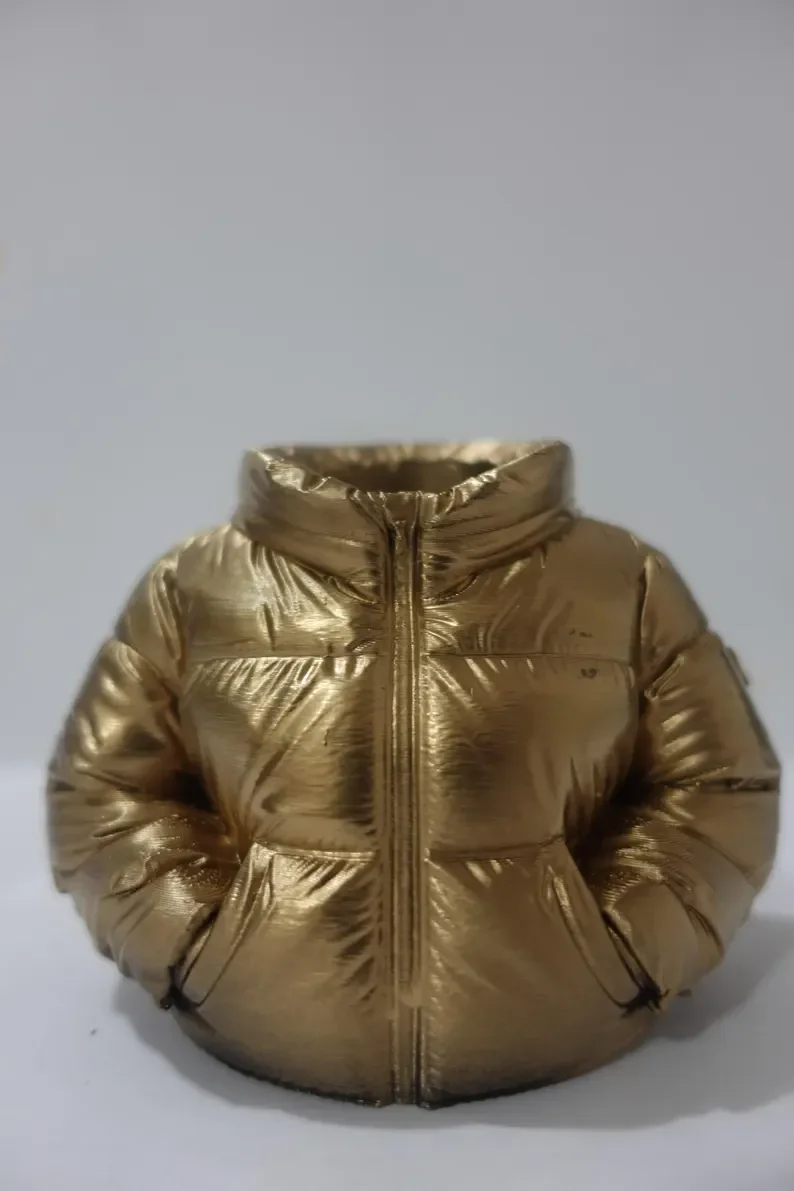 Gold Puffer Jacket Desk Holder – Modern Sculptural Desk Accessory – Unique Home & Office Decor