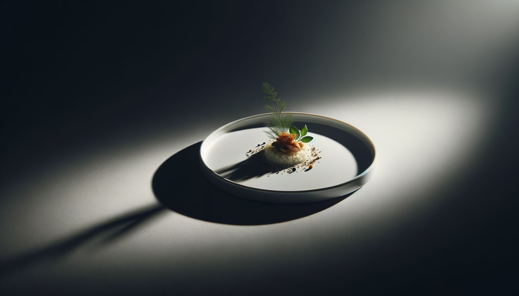 A minimalist white plate with a small gourmet dish, decorated with green herbs and garnishes, on a smooth surface with a shadow cast across the plate.