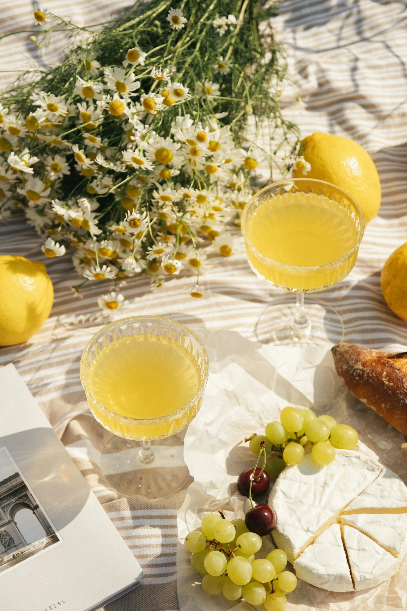 Two glasses of yellow beverage on a table with a bouquet of daisies, lemons, grapes, and a wheel of brie cheese.