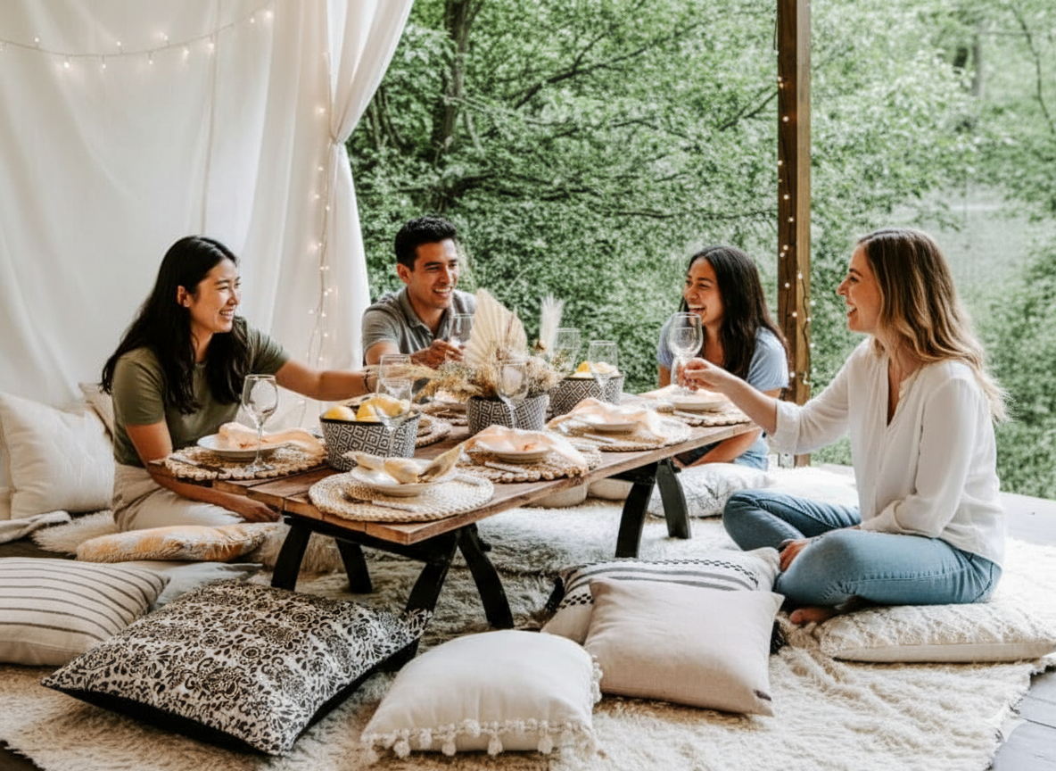 Four friends gathered around a low wooden table on a cozy, decorated porch with a lush green forest in the background, enjoying drinks and smiling.