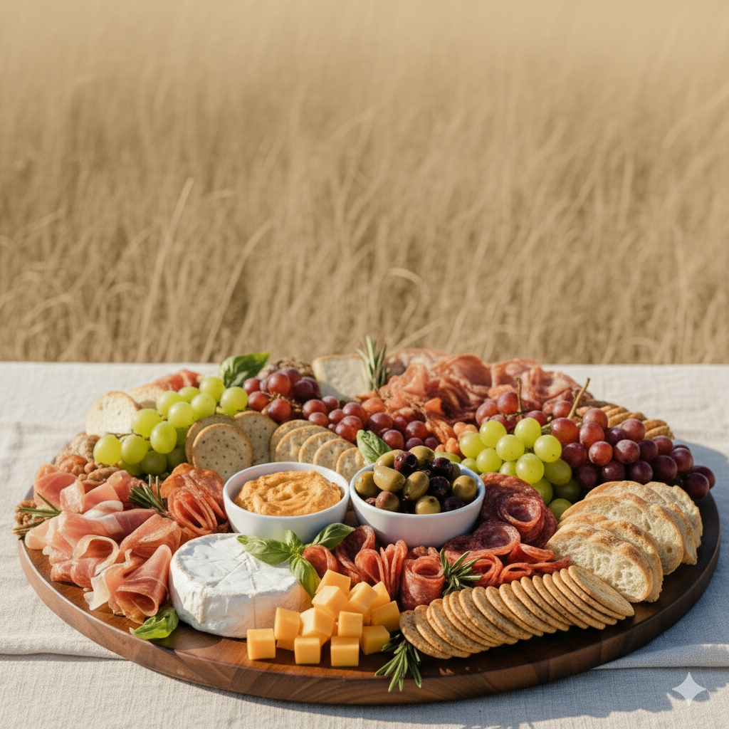 Charcuterie board with cheese, grapes, crackers, bread, and various meats
