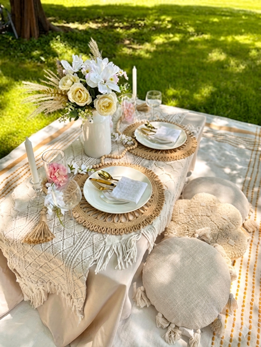 A beautifully set outdoor dining table with a white tablecloth, beige woven placemats, white plates, gold utensils, white napkins, and pink and white floral decor. There are decorative cushions on the ground and a large white vase with a flower arrangement. The table is on lush green grass under dappled sunlight.