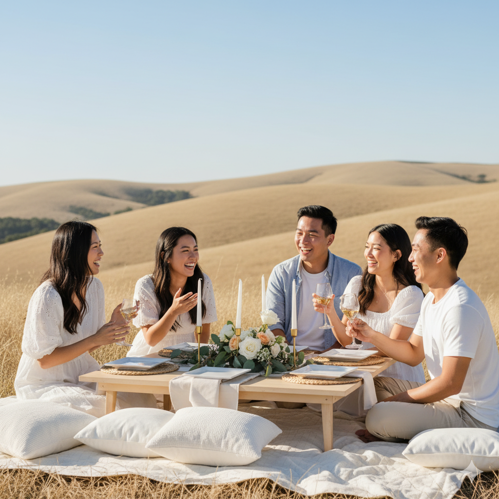 Group of six people enjoying outdoor meal in a field with rolling hills, sitting on white cushions around a low wooden table decorated with flowers and candles, all smiling and laughing.