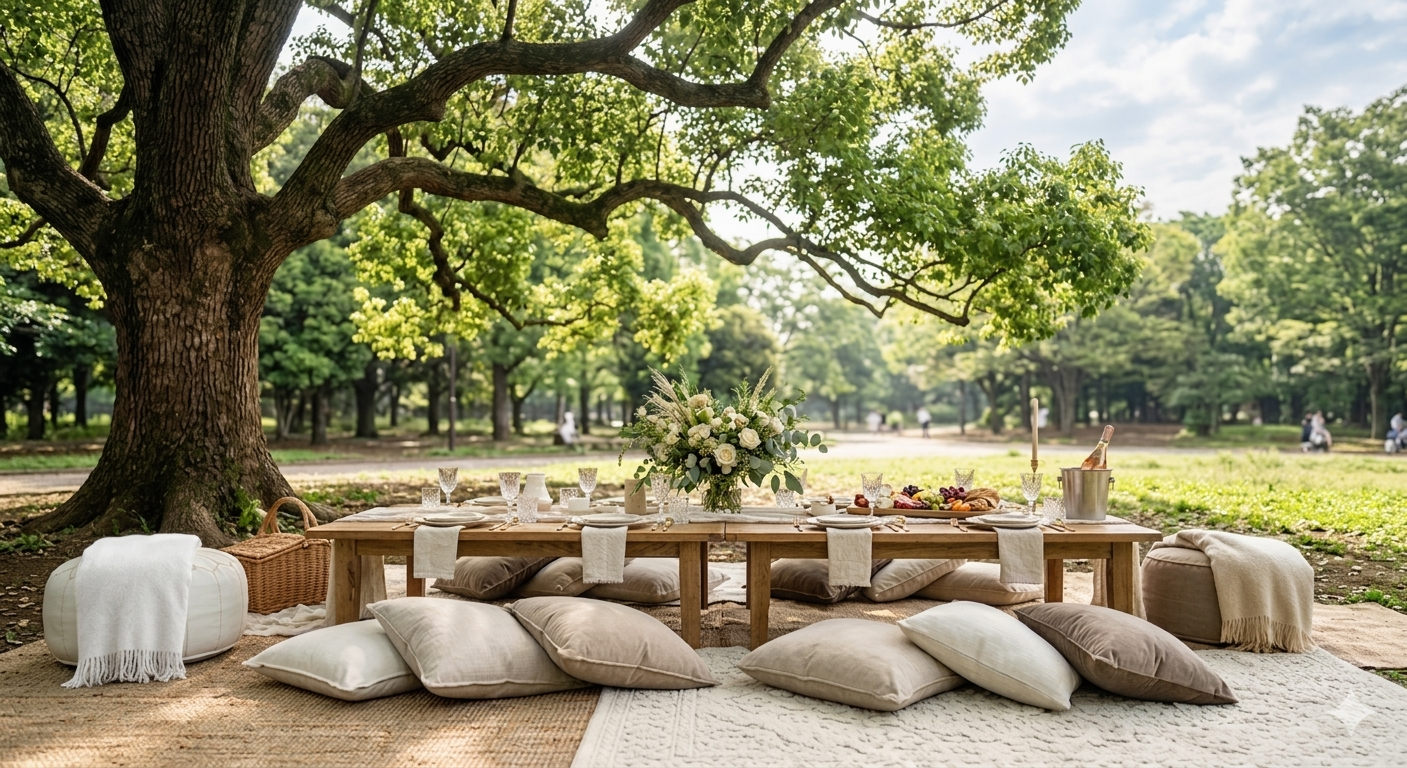 Picnic setup with a low wooden table under a large tree in a park, surrounded by cushions and pillows, with a flower arrangement, plates, glasses, and food on the table.