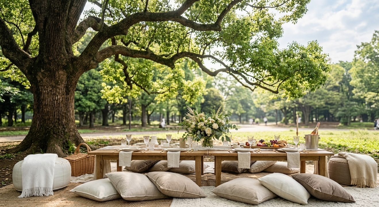 Picnic setup under a large, leafy tree with a long wooden table, cushions, and pillows for seating, decorated with a floral centerpiece and various food items.