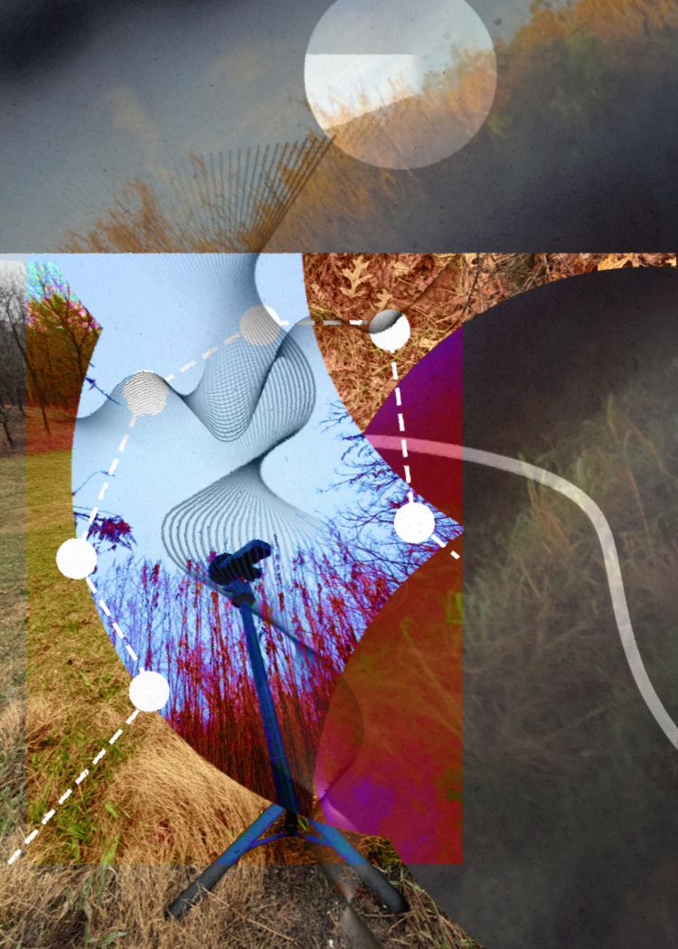 Overlay of abstract geometric and natural landscape images, including trees, grass, and a pathway, with dynamic lines and shapes.