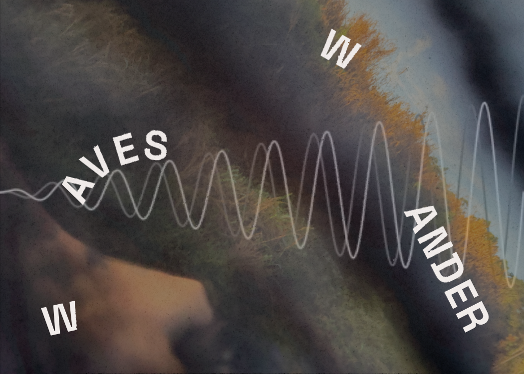 Abstract background with wavy lines and text that reads 'WAVES IN MY HANDS' in a scattered arrangement.