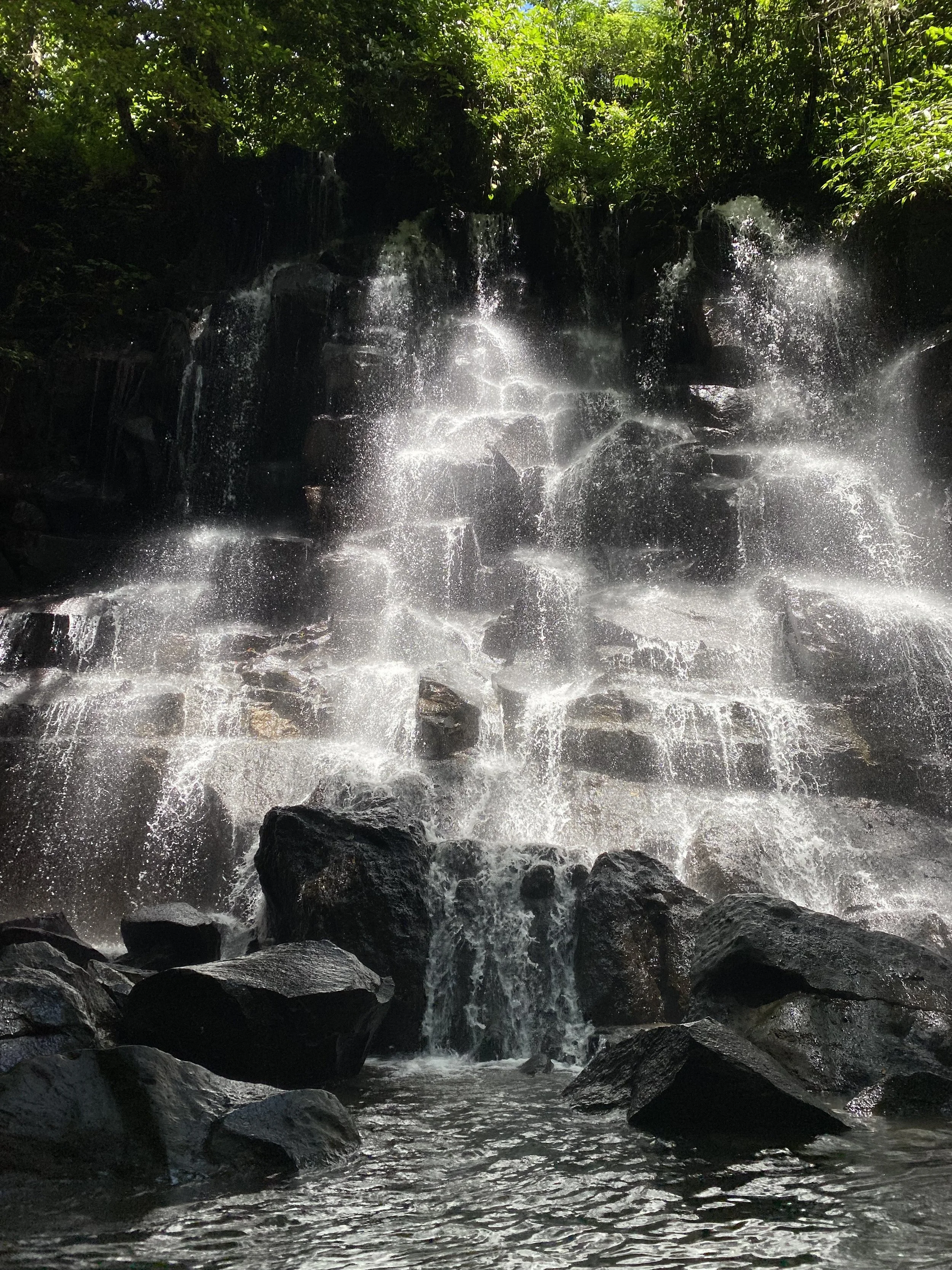 Waterfall cascading over rocks in a lush, green forest.