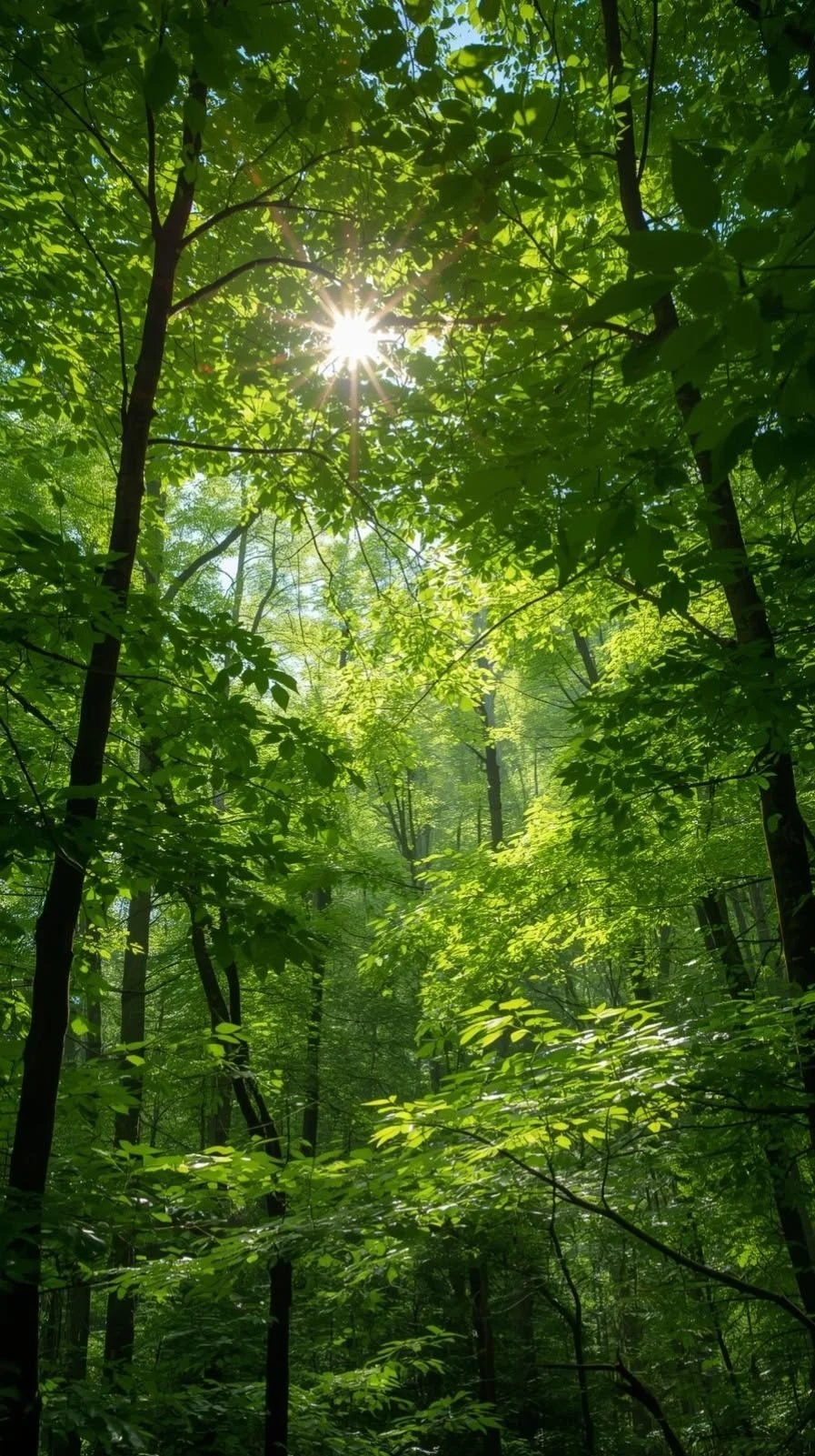 Sunlight shining through a dense green forest canopy with bright leaves and tall tree trunks.