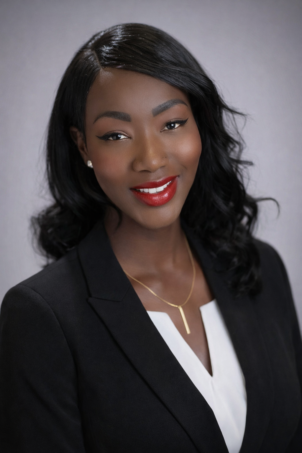 Professional headshot of a smiling Black woman wearing a black blazer, white blouse, and gold necklace, with hair styled in loose curls and makeup including red lipstick and eyeliner.